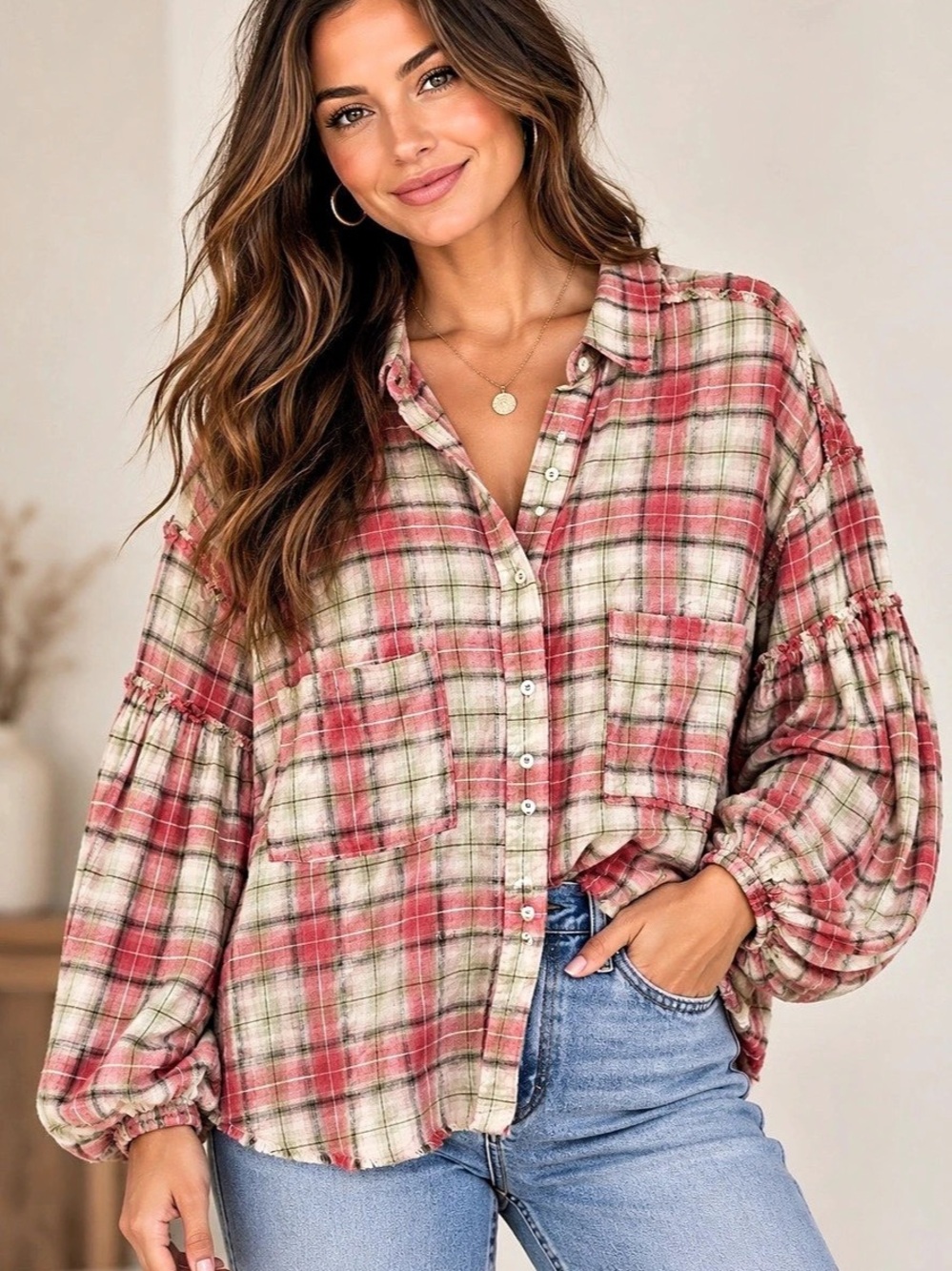 Easel Balloon Sleeve Plaid Top (080808) 🍂 ☀️